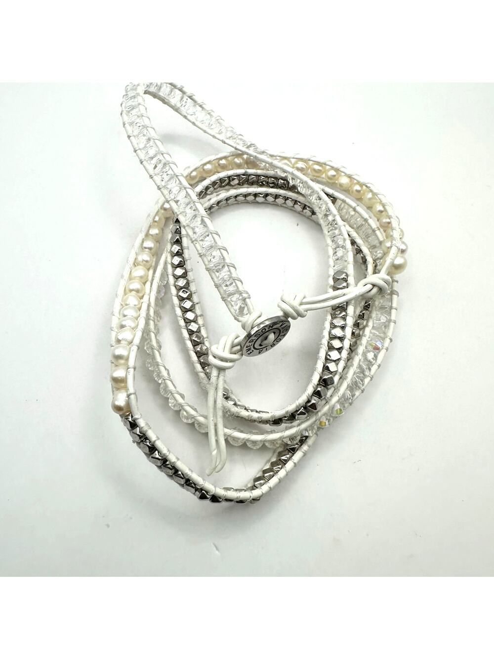 Victoria Emerson Wrap Bracelet Leather Bohemian White Silver Clear Glass Beads